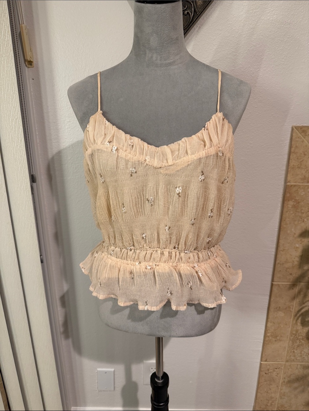 Astr Cream Ruffle Peplum Camisole with Floral Detail